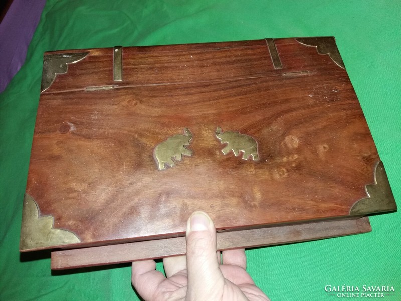 Antique book-shaped wooden gift box decorated with copper inlay (elephant, corners, strap) 19x23x6 cm