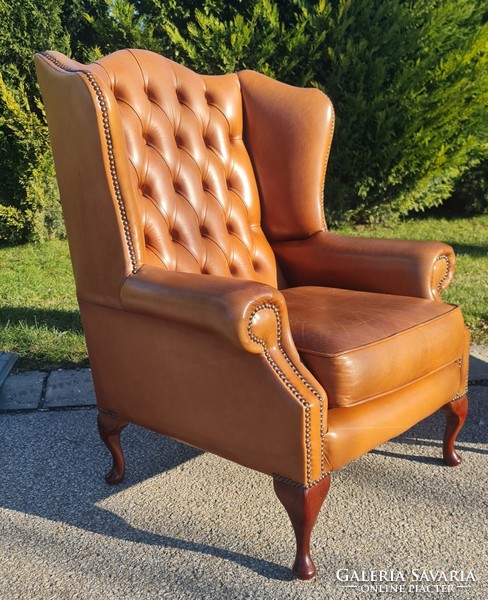 A798 original English chesterfield leather armchairs with ears