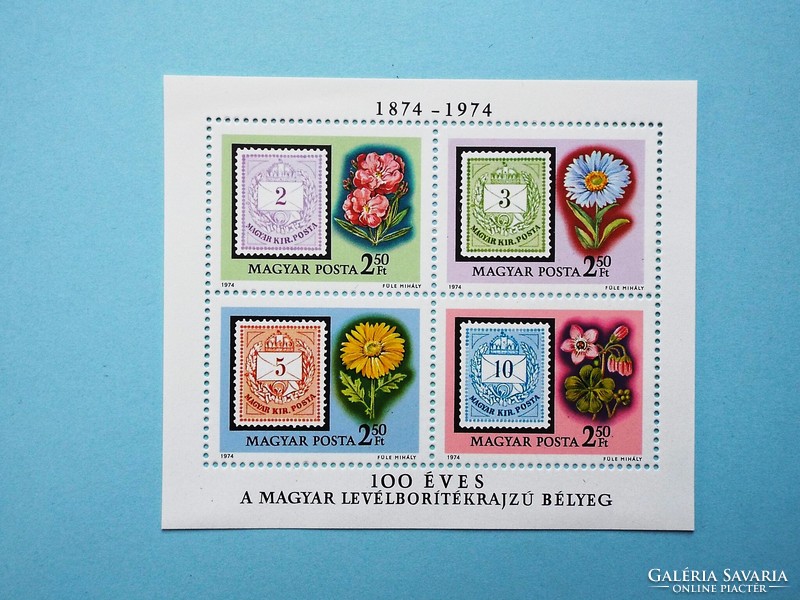 (B) 1974. 100 éves a levélboríték-rajzú bélyeg blokk** - (Kat.: 500.-)