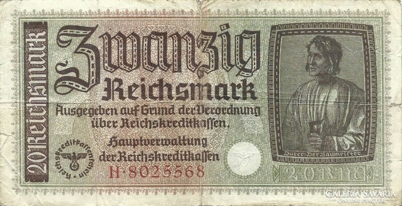 20 Reichsmark swastikas 1939-45 Germany 1.