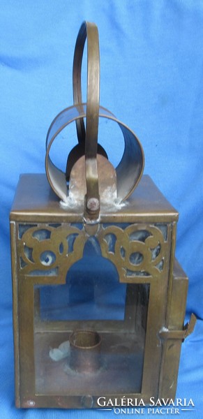 Antique portable copper candle lamp, 24 cm high without handle, 13x11.5 cm