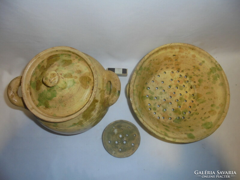 Glazed earthenware strainer, strainer with small strainer and pasta strainer with legs - together