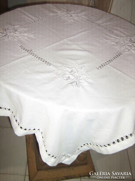 Beautiful white hand-embroidered azure tablecloth