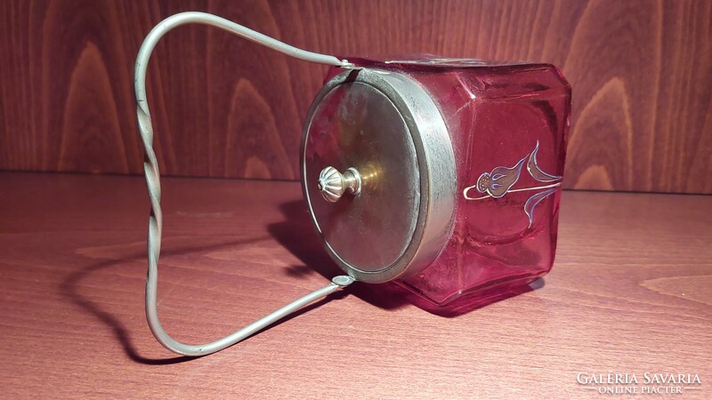 Old glass sugar container, thick, metal lid