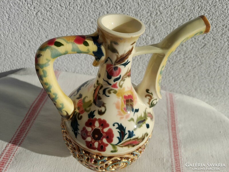 Antique Zsolnay double-walled jug, 21 cm high, Persian decor