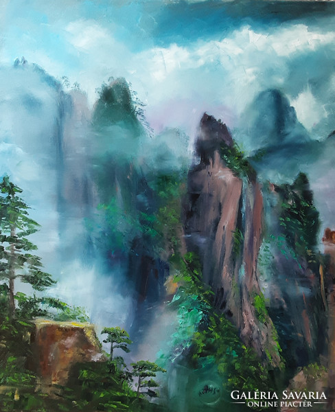 Antyipina Galina: Kínai táj. Olajfestmény, vászon, festőkés. 60x50cm
