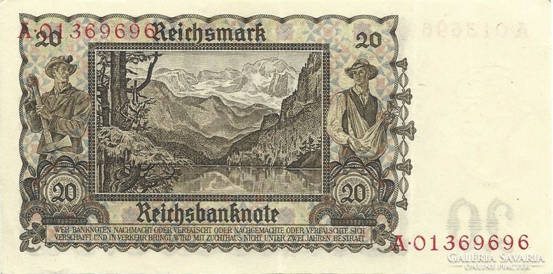 20 reichsmark horogkeresztes 1939 Németország 3. Gyönyörű sorszám. 01369696