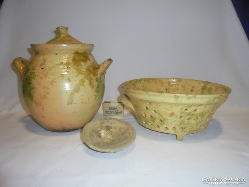 Glazed earthenware strainer, strainer with small strainer and pasta strainer with legs - together