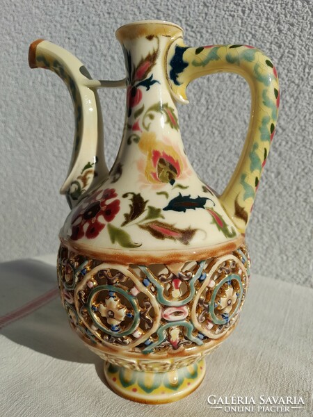 Antique Zsolnay double-walled jug, 21 cm high, Persian decor