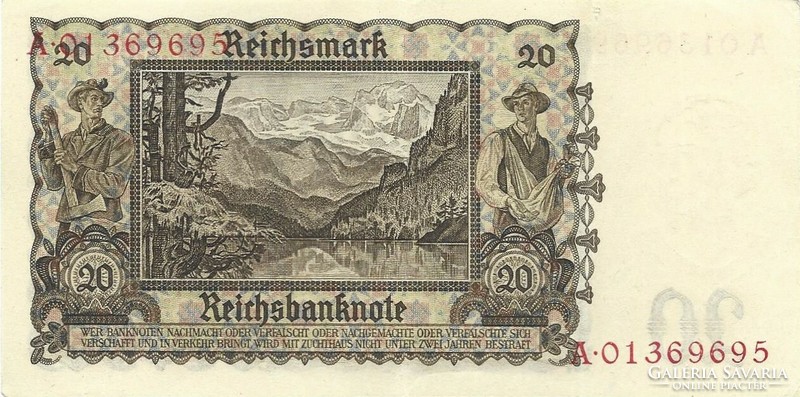 20 Reichsmark swastikas 1939 Germany 1. Beautiful serial number. 01369695