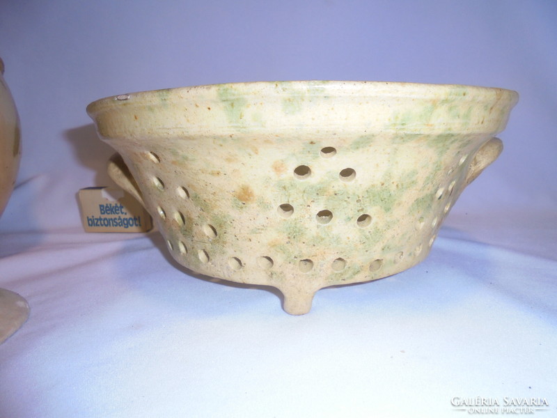 Glazed earthenware strainer, strainer with small strainer and pasta strainer with legs - together