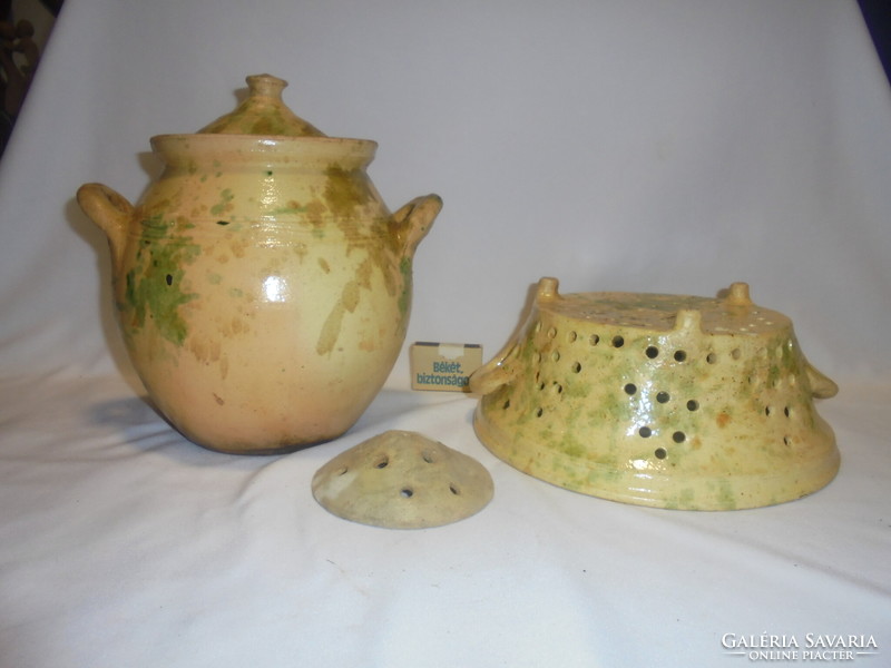 Glazed earthenware strainer, strainer with small strainer and pasta strainer with legs - together