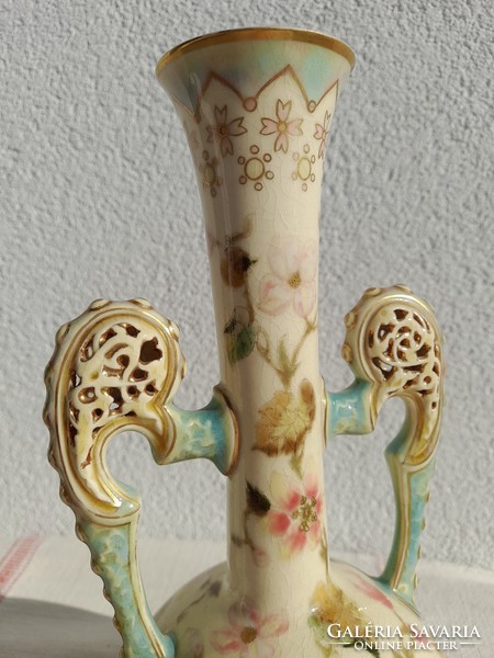 Zsolnay antique decorative ceramic vase with cherry blossom decoration, 1880s