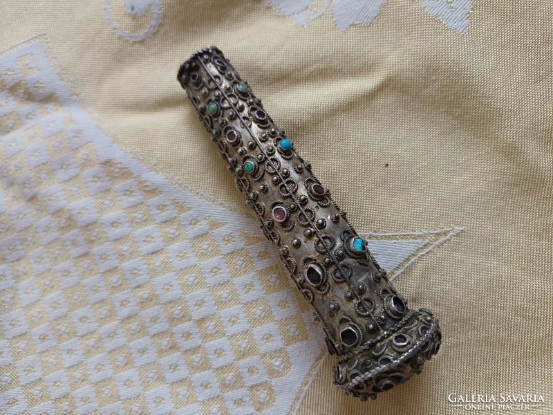 Antique silver 18-19 walking stick handle embellished with precious stones