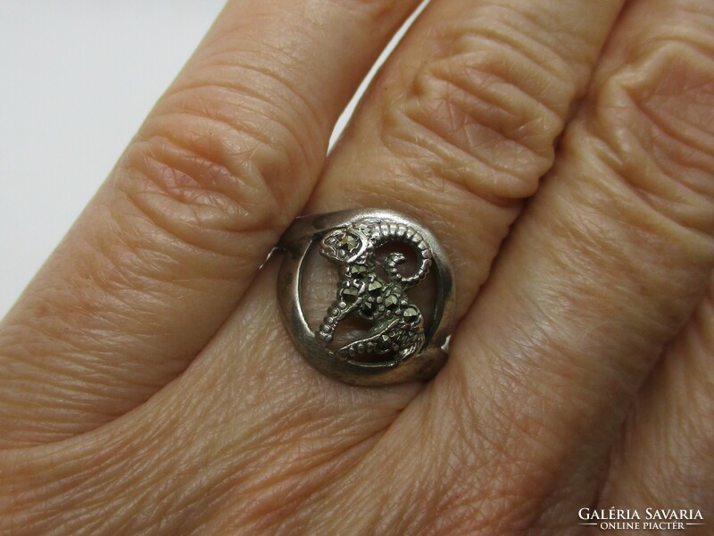 Special antique handmade horoscope silver ring with marcasite Aries