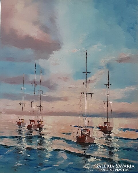 Antyipina Galina: Hajnal a tengeren. Olajfestmény, vászon, festőkés. 50x40cm