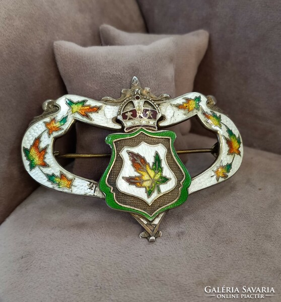 Antique gold-plated silver brooch with fire enamel decoration