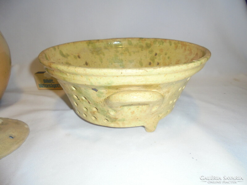 Glazed earthenware strainer, strainer with small strainer and pasta strainer with legs - together