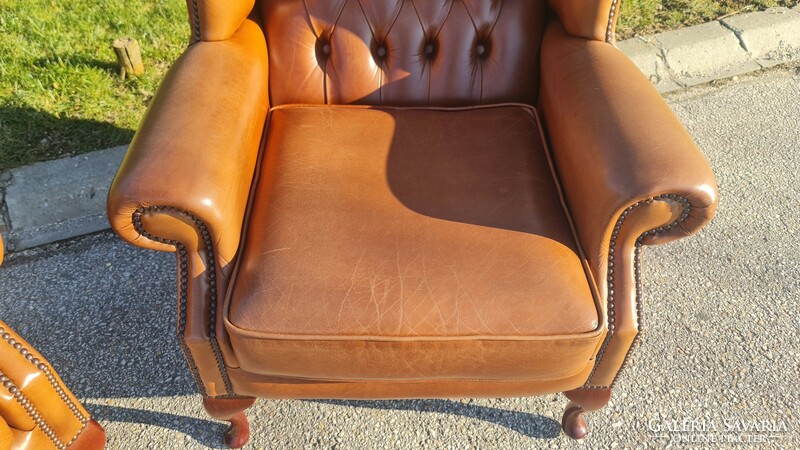 A798 original English chesterfield leather armchairs with ears