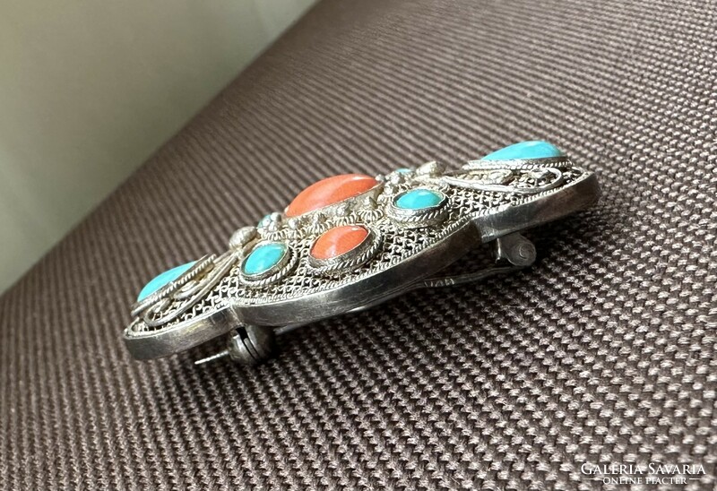 Chinese export, silver filigree brooch, decorated with turquoise and red coral