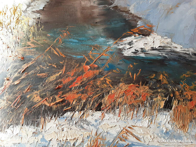 Antyipina Galina: Téli patak. Olajfestmény, vászon, festőkés. 70x50cm