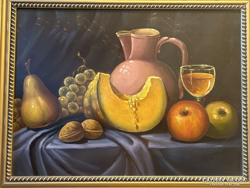 László Piko: fruity still life with Zsolnay pink glazed jug