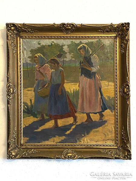 Red marguerite village women oil canvas painting gold blondel frame 88 x 79 cm