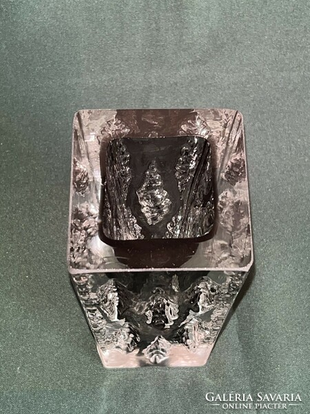 Square gray colored pressed designer glass vase 15.5 cm jg signed. (U0007)