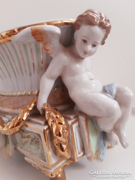 Régi Jelzett Angyalkás,Puttós,Aranyozott Porcelán Kaspó,Asztalközép