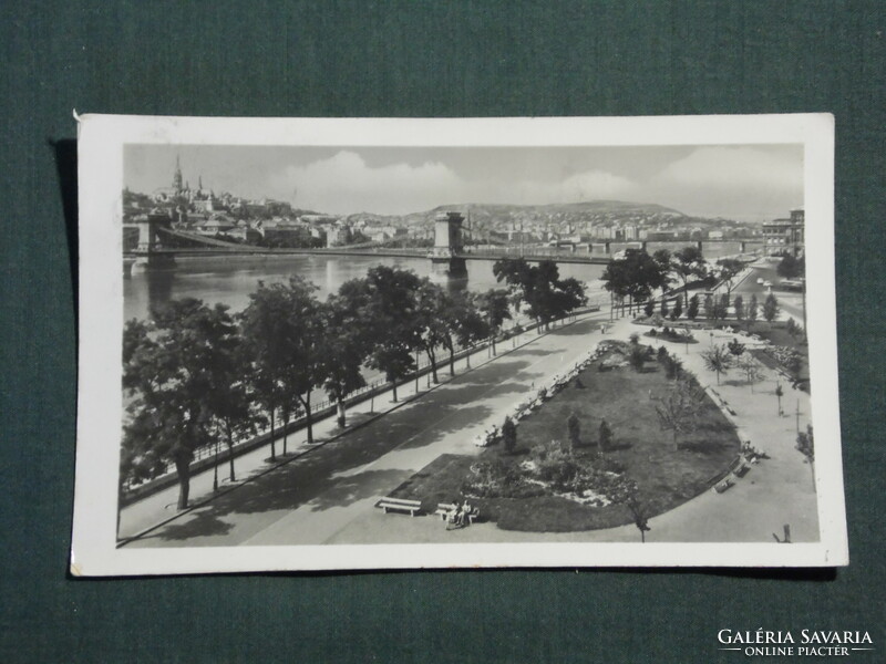 Képeslap, Budapest, Vigadó tér, emlékmű, látkép Lánchíd