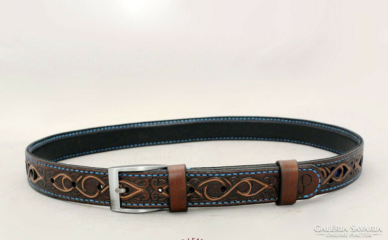 Openwork, tendril belt with blue leather insert