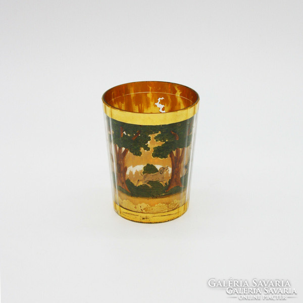 ​Zwischengoldglas, glass cup with a hunting motif - m429