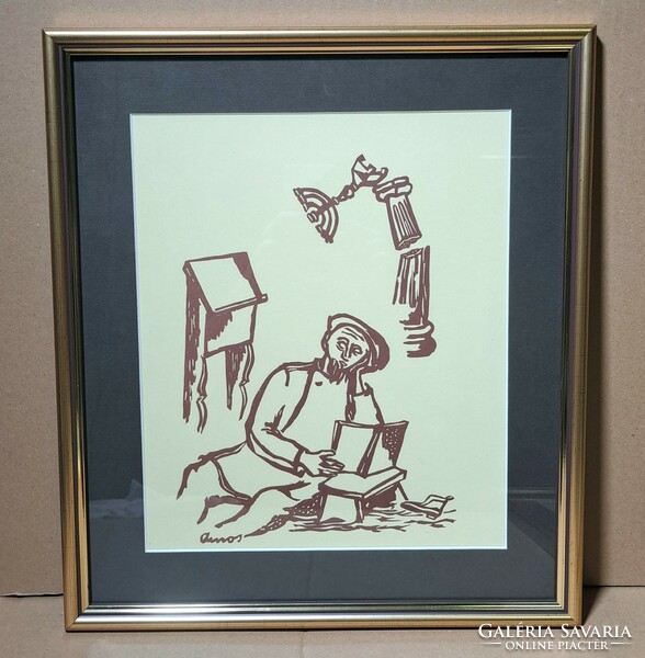 Imre Ámos linocut from 1940 (Jewish holidays c. Series) Judaica, Jewish religion