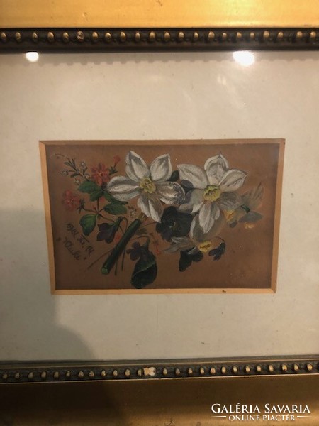 Virágcsendélet festmény, art deco, 18 x 24 cm-es nagyságú.