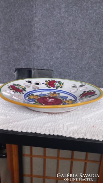 Vintage Italian ceramic wall plate, hand painted flowers, openwork heart pattern, bright colors