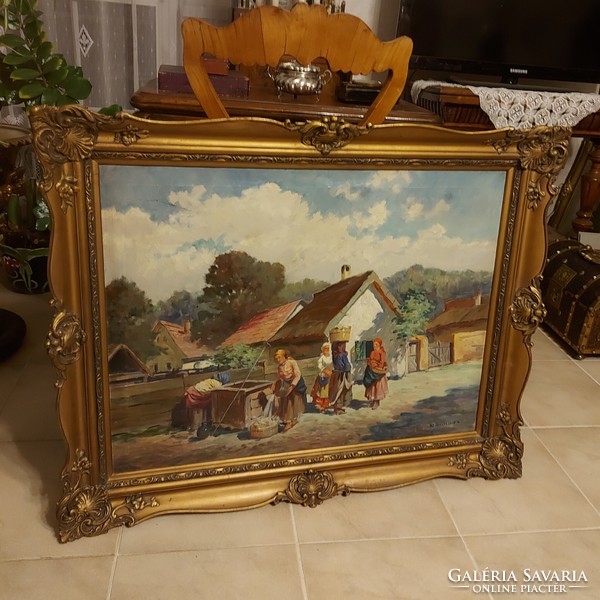 Antique beautiful painting peasant life picture!