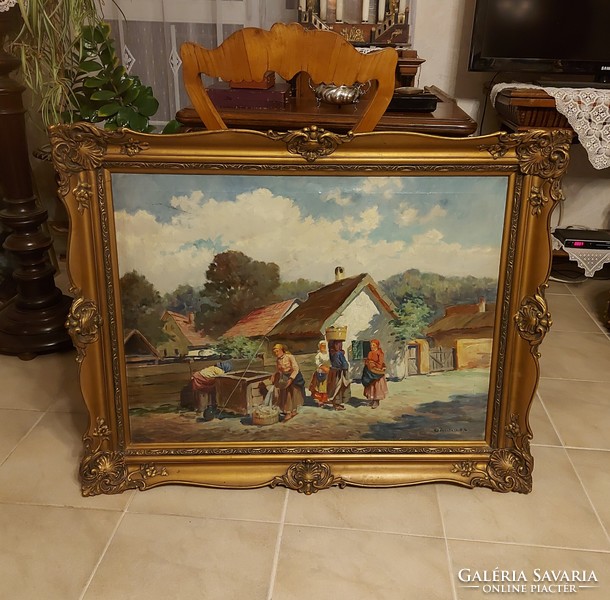 Antique beautiful painting peasant life picture!