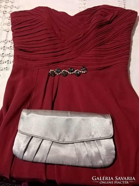 Elegant French burgundy lined prom or cocktail dress/ casual dress + silver satin bag