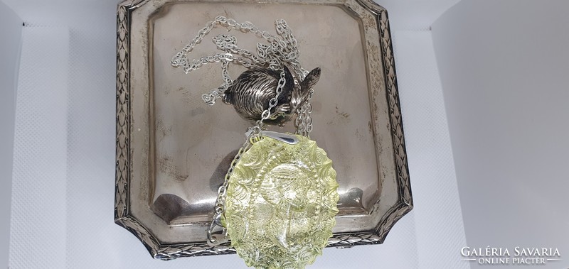 Real large size Czech uranium glass cameo pendant with chain