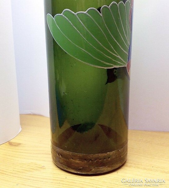 Tin-rimmed glass vase with enamel painted bird of paradise, it can be a decoration of your showcase, a retro decoration