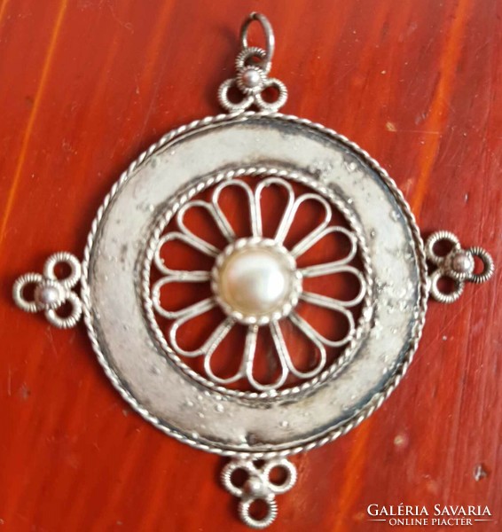 Antique large silver pendant with real pearls
