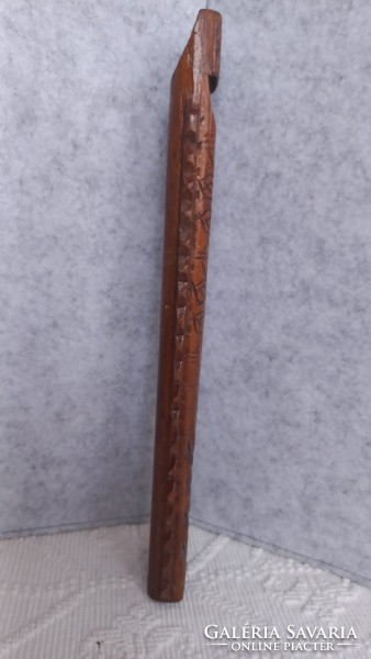 Old (early 1900s) carved, hardwood, folk two-pipe flute. Engraved decoration, 7 holes.