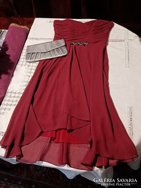 Elegant French burgundy lined prom or cocktail dress/ casual dress + silver satin bag