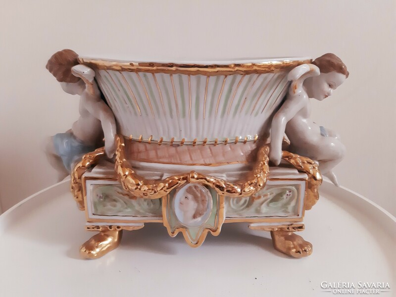 Old marked angelic, puttous, gilded porcelain bowl, centerpiece
