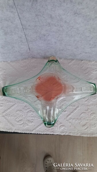 Bohémia Art művészeti üvegtál zöld -rózsaszín, kézi készítésű vastagfalú-nehéz, gyönyörű.