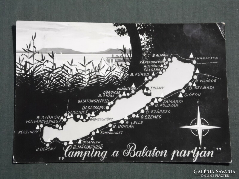 Képeslap, Camping Kempingek a Balaton partján, grafikai térképes