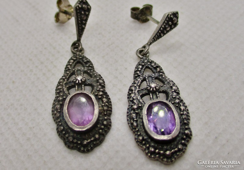 Beautiful long silver earrings with amethyst stones and marcasite