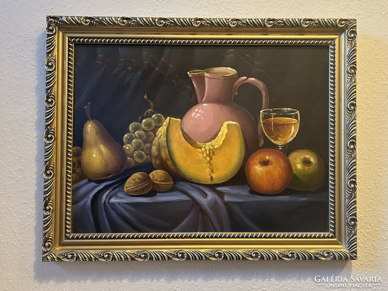 László Piko: fruity still life with Zsolnay pink glazed jug