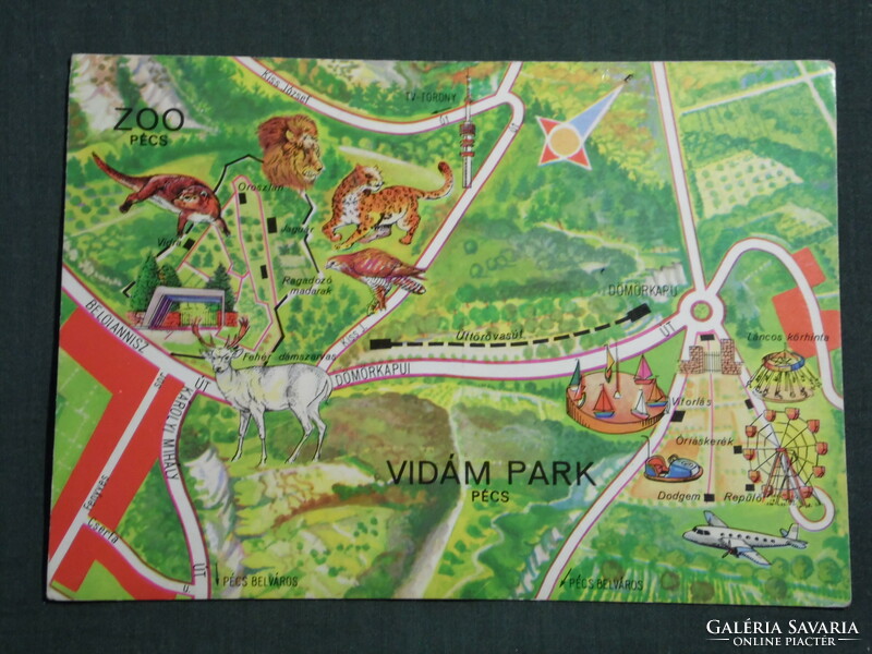 Képeslap, Pécs, Mecseki kultúrpark, állatkert, Úttörővasút, vidám park, grafikai térképes
