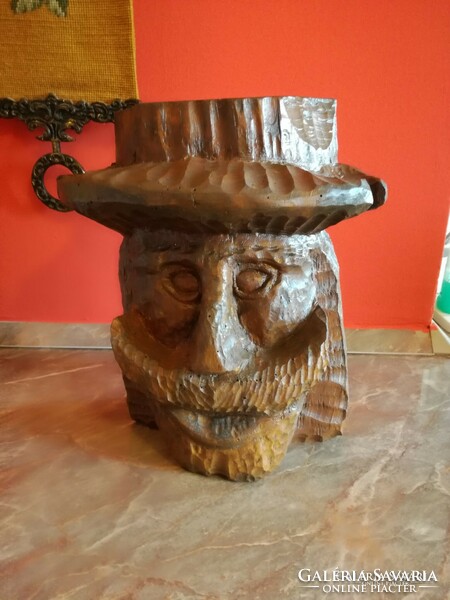 Folk wood carving, head, cup holder